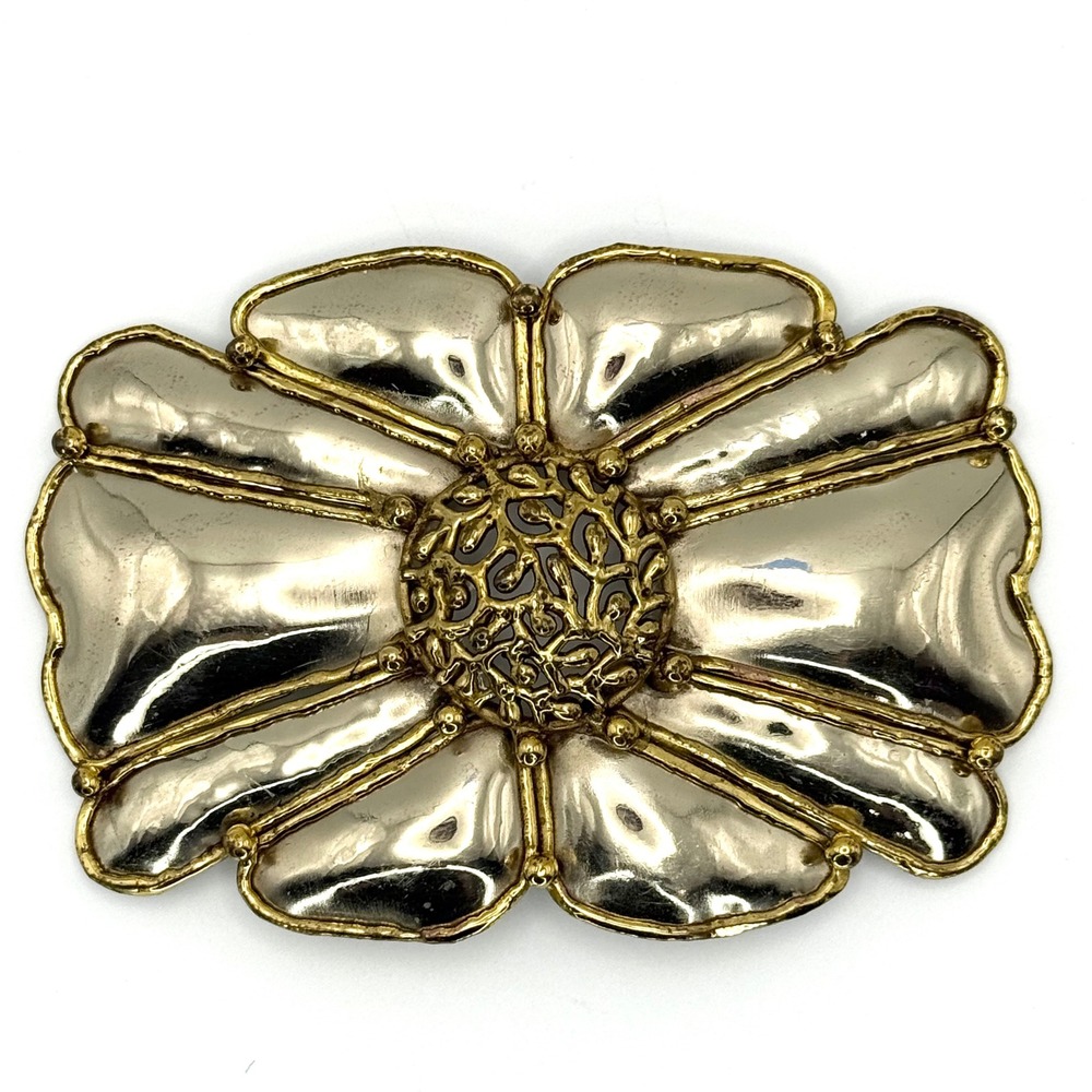 Vintage Floral Scarf Slide Buckle Two Tone Silver Gold Brutalist Filigree‎ 4in